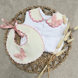 Girls White And Pink Butterfly Handmade Sleepsuit And Bib