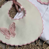 Girls White And Pink Butterfly Handmade Sleepsuit And Bib