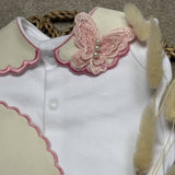 Girls White And Pink Butterfly Handmade Sleepsuit And Bib