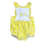 Girls Cotton Lemon Gingham Romper With Frills