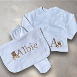 Babys Beige Cotton Personalised 3 Piece Outfit
