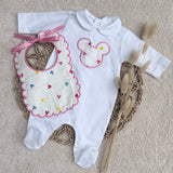 Personalised White & Pink Mouse Print Baby Sleepsuit with Handmade Bib