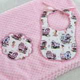 Girls Pink Waffle Blanket & Hand made bib Gift Set
