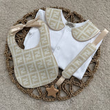 Baby’s Unisex champagne inspired Handmade Sleepsuit, Bib & Dummy Clip Set