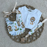 Personalised Safari Scallop Baby Set – Sleepsuit, Bib & Dummy Clip