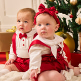 Caramelo Kids Girls Red Dungaree Babysuit Set with Bow Headband