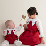 Caramelo Kids Girls Red & White Cotton Dress Set with Bow Hairband