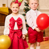 Caramelo Kids Girls Red & White Pleated Skirt Set with Bows