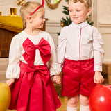 Caramelo Kids Girls Red & White Pleated Skirt Set with Bows