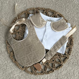 Baby’s Unisex Beige inspired Handmade Sleepsuit, Bib & Dummy Clip Set