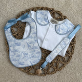 Boys Blue Safari Print Handmade Sleepsuit, Dummy Clip & Bib Set