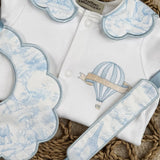 Girls Blue Safari Print Handmade Sleepsuit, Dummy Clip & Bib Set