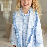 PRE ORDER Luxury Blue Safari Toile Baby Girls Dressing Gown with Frill Trim – Soft Cotton Summer Robe