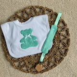 Mint Teddy Appliqué Bib & Handmade Dummy Clip Set