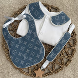 Boys Blue Louis Handmade Sleepsuit, Dummy Clip & Bib Set