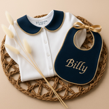 Boys Navy and Gold Handmade Sleepsuit And Bib