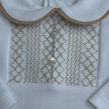 Baby Boys White & Beige Smocked Cotton Sleepsuit