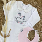 Babidu Rocking Horse Long Sleeve Vest With Pink Collar And Bib