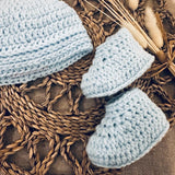 Perfect Little Thing - PRE ORDER Hand Made Aran Bear Hat and Booties Crochet - Blue