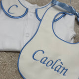 Perfect Little Thing Boys White & Blue Handmade Sleepsuit And Bib