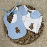 Baby Boys Blue Bear Handmade Sleepsuit & Bib
