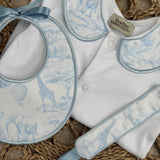 Boys Blue Safari Print Handmade Sleepsuit, Dummy Clip & Bib Set
