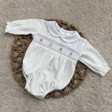 Baby's Teddy Ivory Velour Smocked Romper
