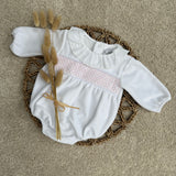 Baby Girl’s Evie  White & Pink Smocked Romper