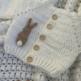 Baby's Beige Bunny Rabbit Handmade Cardigan and Blanket Set