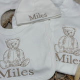 Unisex Baby Personalised Bear Sleepsuit Set With Hat & Bib