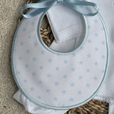 Personalised White & Baby Blue Star Baby Set – Sleepsuit, Handmade Bib & Dummy Clip