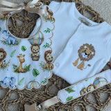 Personalised Safari Scallop Baby Set – Sleepsuit, Bib & Dummy Clip