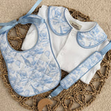 Boys Blue Quilted Safari Print Handmade Sleepsuit, Dummy Clip & Bib Set