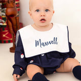 Personalised Boys Navy Santa Christmas Baby Romper with Oversized Bib Collar