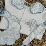 Girls Blue Safari Print Handmade Sleepsuit, Dummy Clip & Bib Set