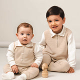 Caramelo Kids Boys Beige Knitted Zip Neck Polo Set