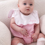Luxury Pink Baby Girl Romper with Personalised Bib Collar – Woven Cotton