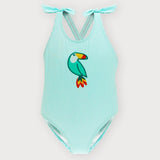 Sardon Girls Green Pin Stripe Swimsuit With Parrot