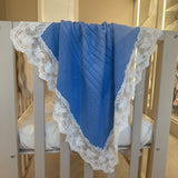 Luxury Knitted Baby Muslin Blanket with Lace Trim - Blue