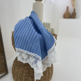 Luxury Knitted Baby Muslin Blanket with Lace Trim - Blue