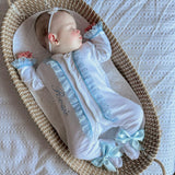 Perfect Little Thing Baby Girls Blue Handmade Frill Sleepsuit With Bib - Rocking Horse