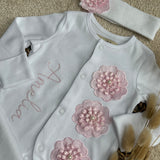 Personalised Pink Floral Sleepsuit, Bib & Headband | Luxury Baby Girls Coming Home Outfit