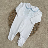 Baby Boys White & Blue Smocked Cotton Sleepsuit