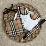 Baby’s Unisex Checked inspired Handmade Sleepsuit, Bib & Dummy Clip Set
