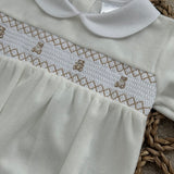 Baby's Teddy Ivory Velour Smocked Romper