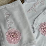 Personalised Pink Floral Sleepsuit, Bib & Headband | Luxury Baby Girls Coming Home Outfit