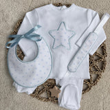 Personalised White & Baby Blue Star Baby Set – Sleepsuit, Handmade Bib & Dummy Clip