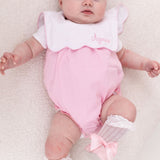 Luxury Pink Baby Girl Romper with Personalised Bib Collar – Woven Cotton
