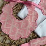 Girls Baby Pink Print Handmade Sleepsuit, Dummy Clip & Bib Set