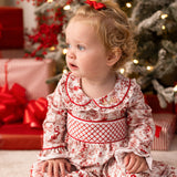 PRE-ORDER Baby Girls Red Toile Christmas Smocked Sleepsuit